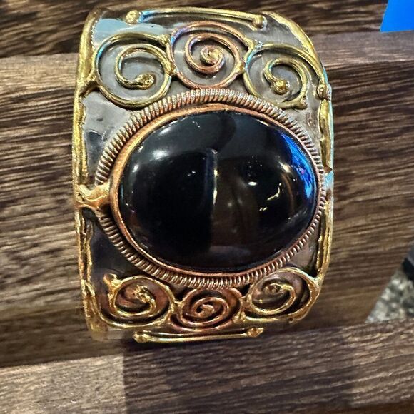 Artisan-Made Adjustable Black Onyx and Mixed Metals Cuff Bracelet - 2 Inches Wi - Picture 6 of 9